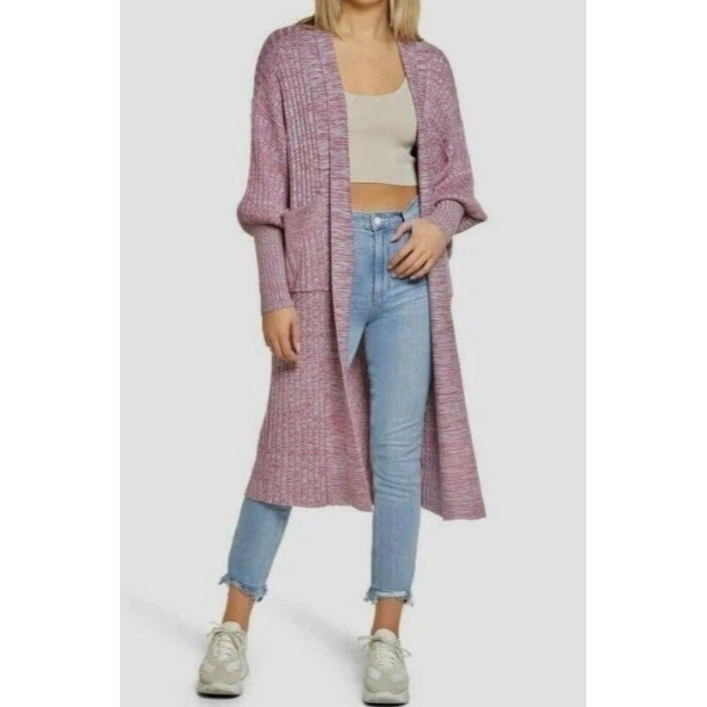 AFRM Women’s Long Cardigan Size M/L Jach Marled Open Front‎ Pink Gray REVOLVE